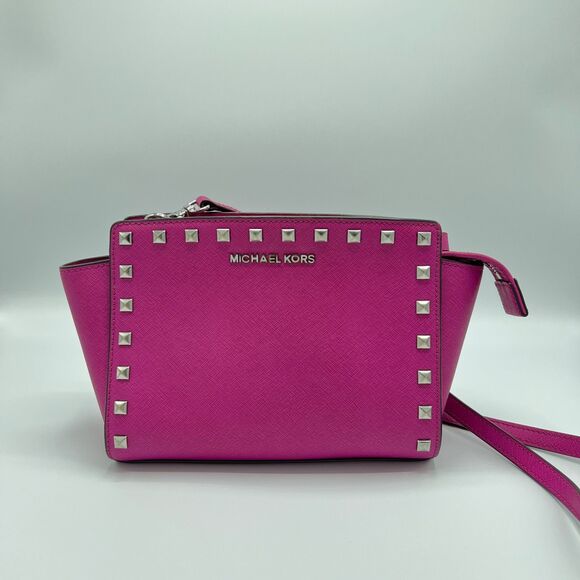 Michael Kors Selma Studded Saffiano Messenger Crossbody Bag Hot Pink/Silver - Picture 1 of 14